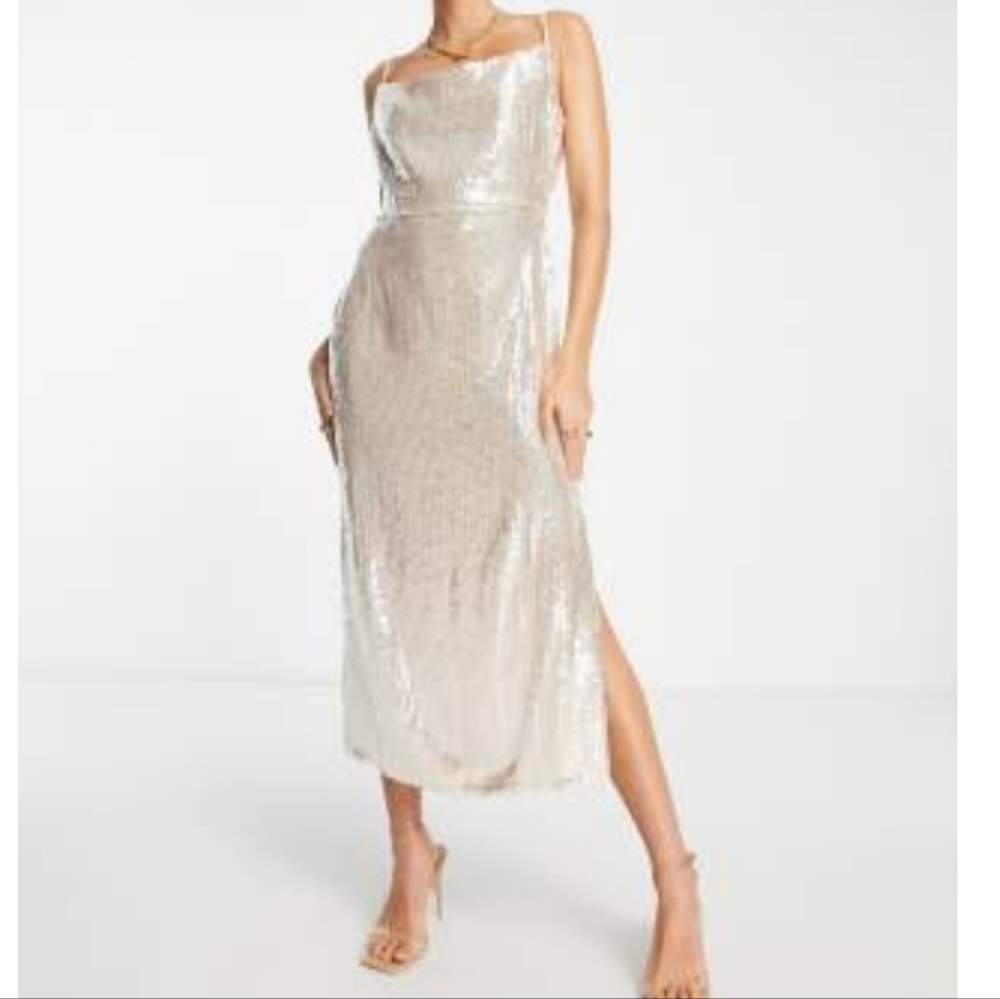 Pretty Lavish Sequin Cowl Neck Slip Dress Nude Champagne Size 8 NWT